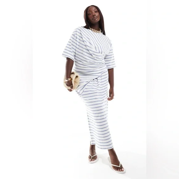 ASOS DESIGN Curve short sleeve with twist detail midi dress blue & cream stripe - Picture 1 of 4